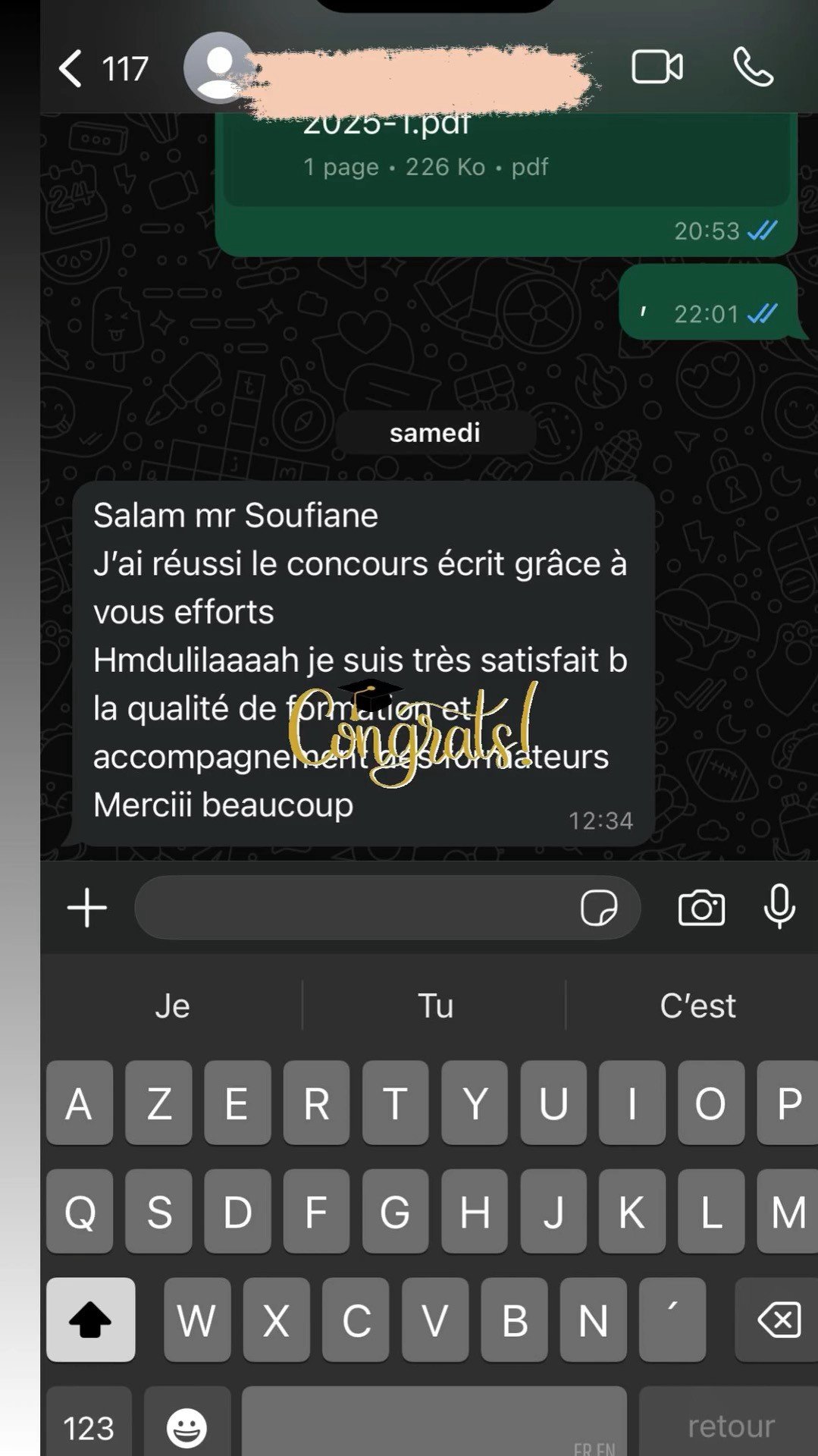 Message WhatsApp d'un lauréat TMZ Centre