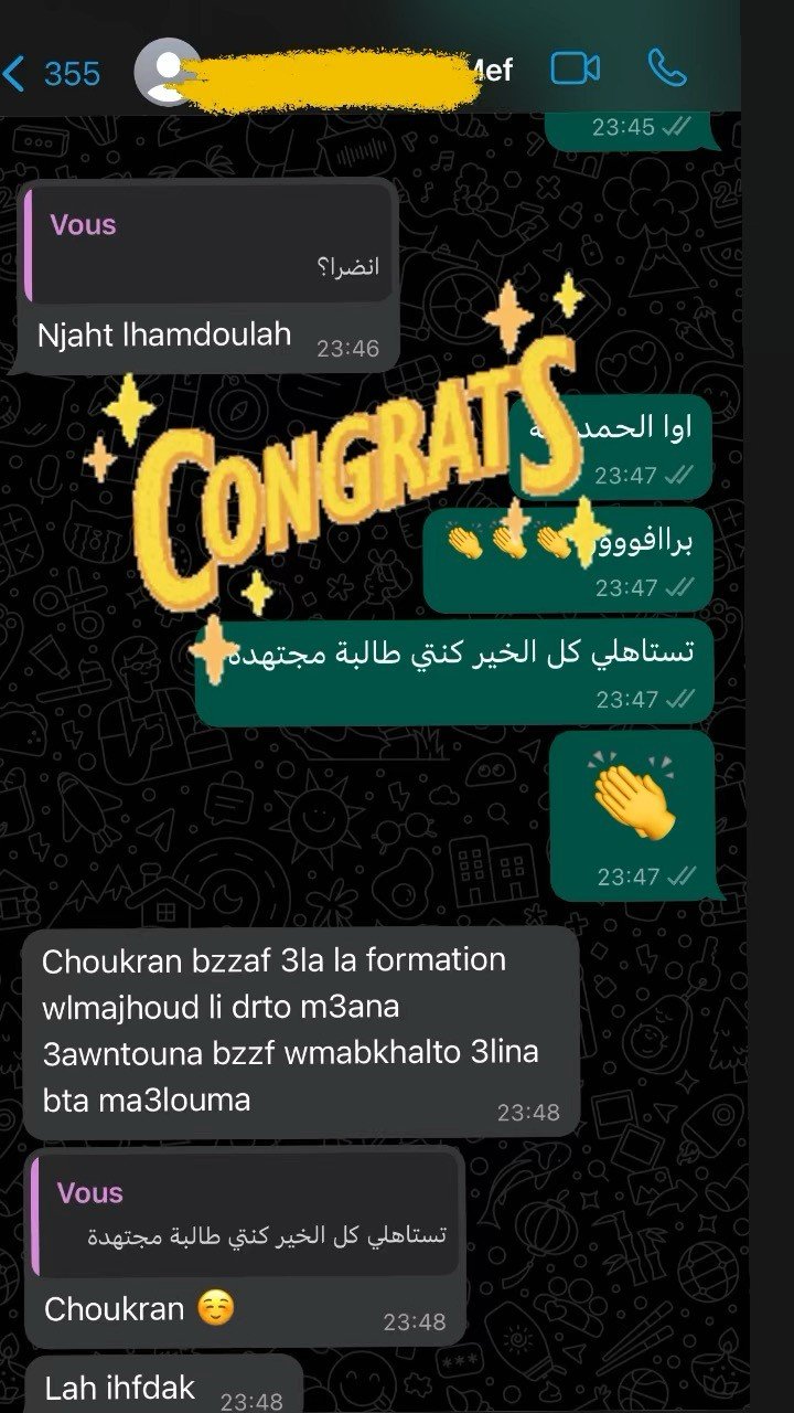 Message WhatsApp d'un lauréat TMZ Centre