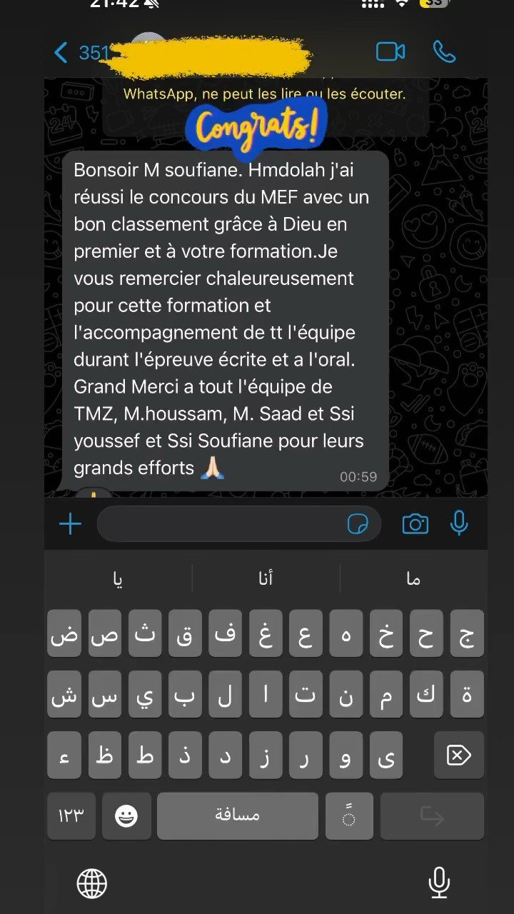 Message WhatsApp d'un lauréat TMZ Centre
