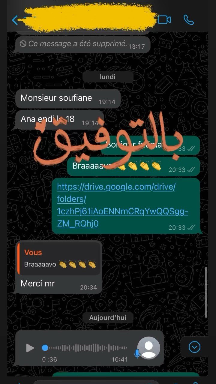 Message WhatsApp d'un lauréat TMZ Centre